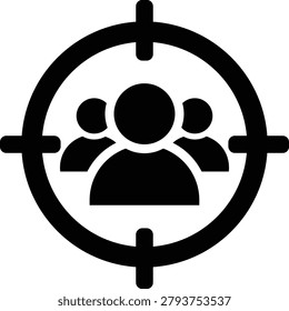 Black of a target reticle encompassing three simplified human figures crosshairs people group