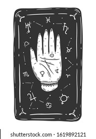 Black tarot card with hand palmistry zodiac symbol. Magic occult tarot card. Engraving vector illustration. Card isolated on white background for poster, sticker, template.