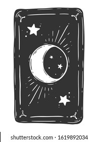 Black tarot card with moon and star symbol. Magic occult tarot card. Engraving vector illustration. Card isolated on white background for poster, sticker, template.