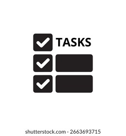 Símbolo de tarefas em preto contendo marcas de seleção e linhas, que representam uma lista de tarefas pendentes, em pé contra um fundo branco limpo, design conceitual.