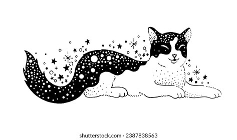 Black tattoo art with magic celestial cat. Fantasy mystic cat animal silhouette with space and stars pattern. Sketch of cute kitten, witch pet, vector hand drawn illustration. Mystic tattoo