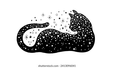 Black tattoo art with magic celestial cat. Fantasy mystic animal silhouette with space and stars pattern. Sketch of cute kitten, witch pet, vector hand drawn illustration