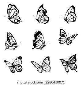 Black tattoo butterflies. Farfalle insects etching drawings, decorative isolated butterfly silhouette graphics