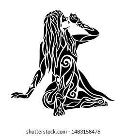 Black tattoo illustration with sitting beautiful super hero woman isolated on white background