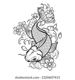 Black tattoo koi fish on white background