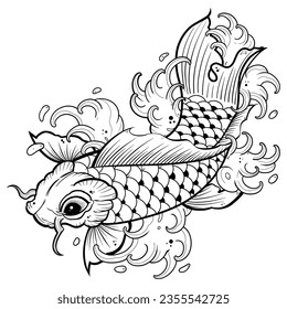 Black tattoo koi fish on white background