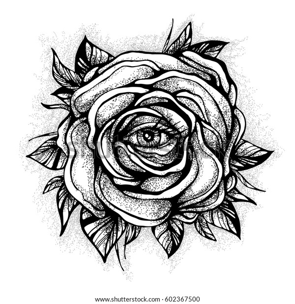 白い背景に黒いタトゥーのバラの花と目 タトゥー デザイン 神秘的なシンボル 新しい学校のドットワーク ボホーのデザイン 印刷 ポスター Tシャツ 織物 ベクターイラスト のベクター画像素材 ロイヤリティフリー 602367500