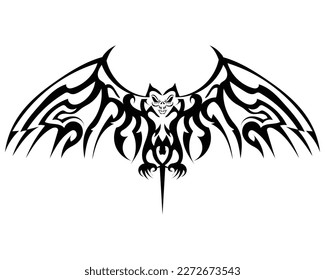 black tattoo silhouette vector design of a bat monster with carvings and symbols all over its body and its wings spread and its tail pointed downwards