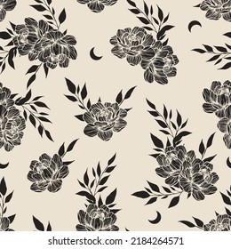 Estilo tatuaje negro sin fisuras con flor. Patrón sin fisuras del vector floral. Delicado fondo de pantalla botánico.