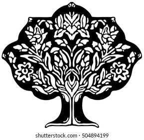  Black tattoo of a tree on a white background. Vintage style.Floral pattern and ornament in the tree.