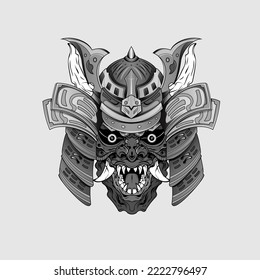 Schwarze Tattoos Samurai Maske Oni Devil Japanischer Traditioneller Krieger Helm Illustration. Militär- und Geschichtskonzept für Symbole und Embleme, geeignet für Tätowierungen