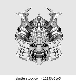 Black tattoos Samurai mask Oni Devil Japanese Traditional warrior helmet illustration. Military and history concept for symbols and emblems templates Suitable for tattoos