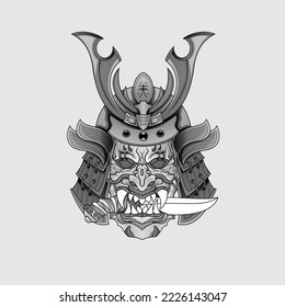 Black tattoos Samurai mask Oni Devil Japanese Traditional warrior helmet illustration. Military and history concept for symbols and emblems templates Suitable for tattoos