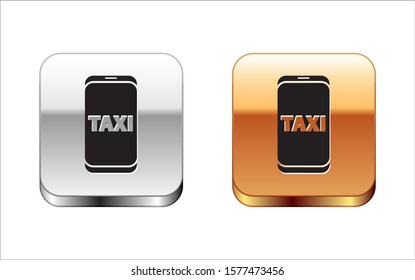 Black Taxi call telephone service icon isolated on white background. Taxi for smartphone. Silver-gold square button. Vector Illustration