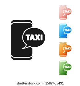 Black Taxi call telephone service icon isolated on white background. Taxi for smartphone. Set icons colorful. Vector Illustration