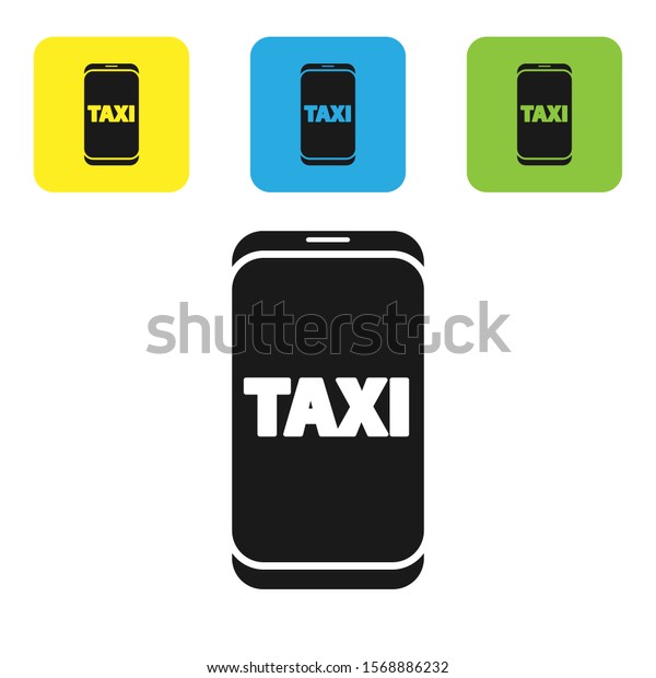Black Taxi call telephone service icon\
isolated on white background. Taxi for smartphone. Set icons\
colorful square buttons. Vector\
Illustration