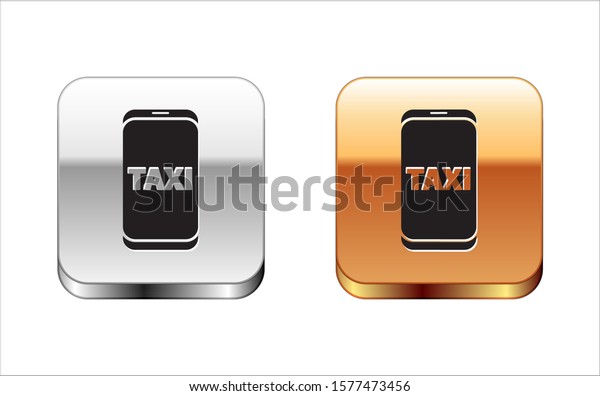 Black Taxi call telephone service icon\
isolated on white background. Taxi for smartphone. Silver-gold\
square button. Vector\
Illustration