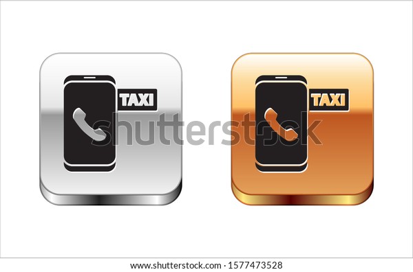 Black Taxi call telephone service icon\
isolated on white background. Taxi for smartphone. Silver-gold\
square button. Vector\
Illustration