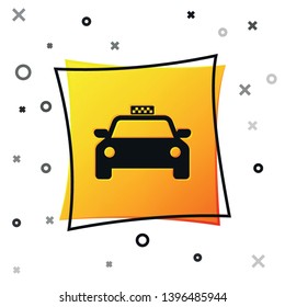 Black Taxi car icon isolated on white background. Yellow square button. Vector Illustration