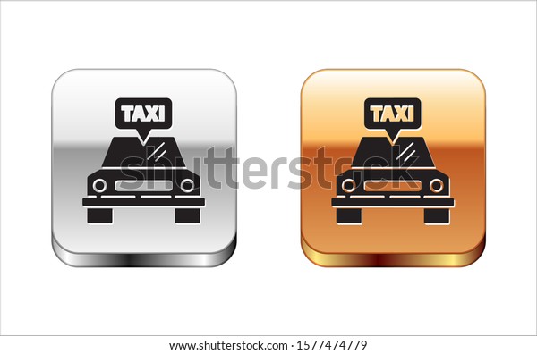 Black Taxi car icon isolated\
on white background. Silver-gold square button. Vector\
Illustration