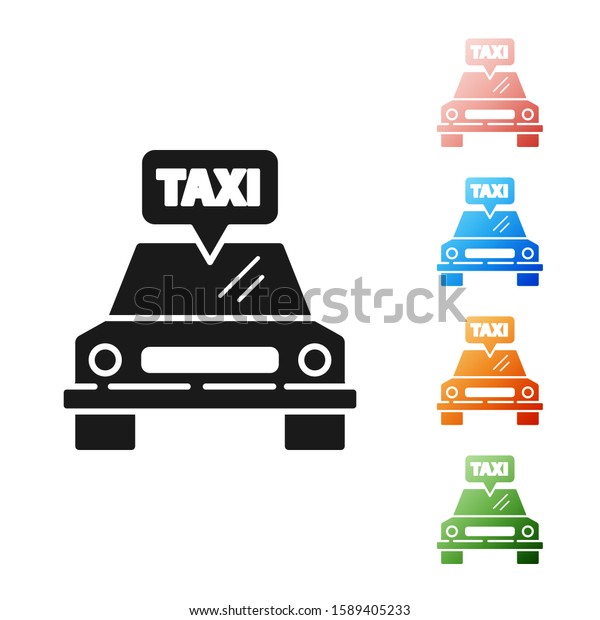 Black Taxi car icon isolated on white\
background. Set icons colorful. Vector\
Illustration
