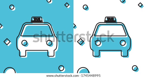 Black Taxi car icon isolated\
on blue and white background. Random dynamic shapes. Vector\
Illustration