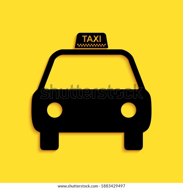 Black Taxi car icon isolated on yellow\
background. Long shadow style.\
Vector.