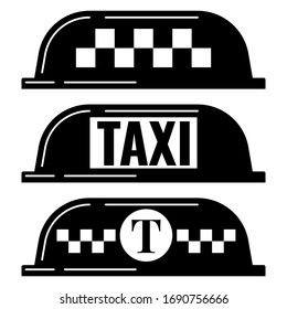 Black taxi light sign vector set isolated on white background in simple flat style. Taxi checkered lamp and text for car roof illustration. Monochrome taxi carroof panel collection for your design.