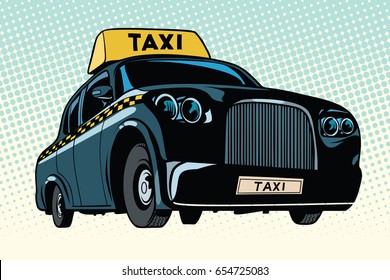 Black taxi with a yellow sign. Pop art retro vector illustration