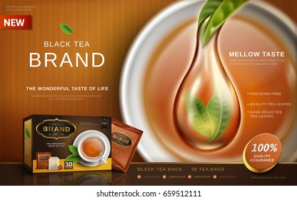 black tea ad with pure tea special effect, tea cup background 3d illustration