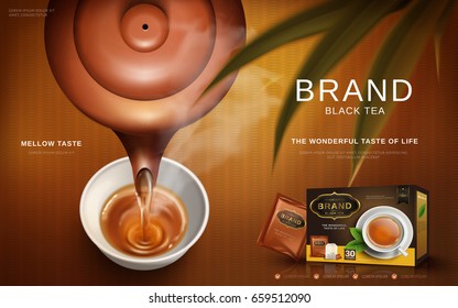 black tea ad with traditional Chinese tea pot pouring hot tea into a cup, 3d illustration