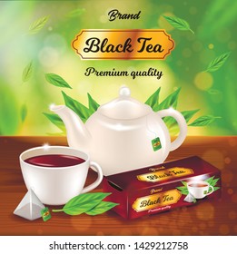 Black Tea Advertising Banner, Porcelain Pot, Cup with Dark Beverage, Paper Package Design on Wooden Table Background with Green Leaves, Space for Name Brand, Promo Ad, 3d Vector Realistic Illustration