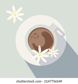 Té negro con hierbas aromáticas chamótiles. Flores silvestres y una taza de bebida a base de hierbas en la cima de un platillo. Ilustración vectorial en el estilo plano. Sombras artísticas