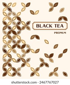Fondo de té negro con iconos dispersos de hojas de té. Diseño en estilo geométrico simple plano abstracto. Para la marca, decoración del paquete de alimentos, diseño de la cubierta.