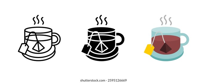 Black tea bag cup icon. Steaming hot tea symbol with herbal infusion. Glass mug with organic and fresh brewing. Relaxing and healthy beverage vector pictogram for cafe, kitchen and drink branding.