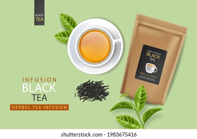Schwarze Teebeutel und Tasse Vektor realistisch. Produktplatzierung - Muster. 3D-Detailgrafik. Teebeutel, Hintergrund