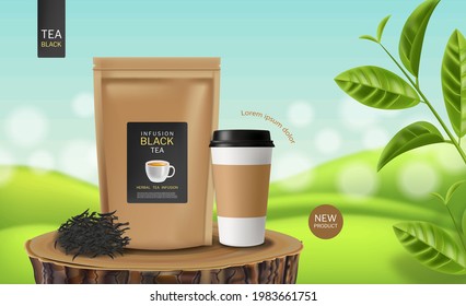 El vector del bolso de té negro es realista. La ubicación del producto se burla. 3 quinquies ilustración detallada. El té deja fondo