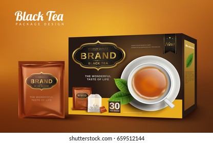 black tea box and handy package design, isolated brown background 3d illustration 