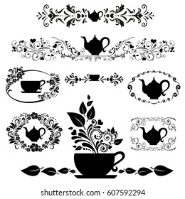 Black Tea. Collection of design elements isolated on White background. Vector illustration