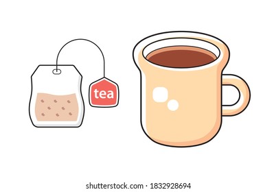 Black tea cup and tea bag with label isolated cartoon vector