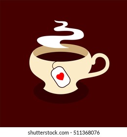 Black tea cup flat icon design. Emblem. White tea cup with steam and heart decoration teabag isolated on brown background. Modern and cute vector hot drink sign, symbol. Steaming food. Warm concept. 
