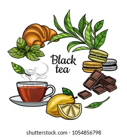 Black tea. A Cup of tea, a hot drink. Branch with leaves, lemon, a piece of lemon, croissant, macaroons, chocolate, mint. Illustration. The isolated image on a white background. Vintage style.