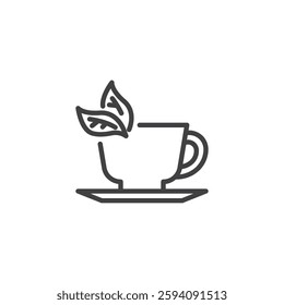 Black Tea Cup line icon. linear style sign for mobile concept and web design. Herbal tea cup leaf outline vector icon. Symbol, logo illustration. Vector graphics