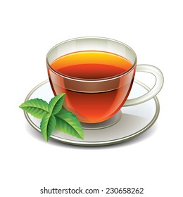 Black tea cup with mint isolated on white vector illustration