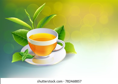 Black tea cup with mint isolated on Sunlight background. vector illustration.