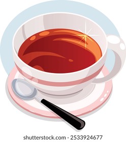 Black Tea Cup with Plate and Teaspoon. Cute Anime Style Vector Art 