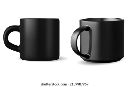 Schwarze Teetasse. Porzellan-Kaffeebecher-Vorlage, einzelne Vektorgrafik. Matt Glas Teebecher mit Griff, realistische Küchengeschirr. Realistisches Team für Markendesign, Mesh