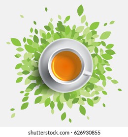 Black tea cup vector illustration, concept with green leafes. Health ideas.