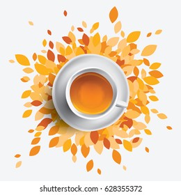 Black tea cup vector illustration. Orange leaves with mug of tea. Health seasonal concept.
