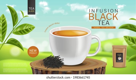 Black tea cup vector realistic. Tea bag product packaging mock up. Detailed 3d illustration